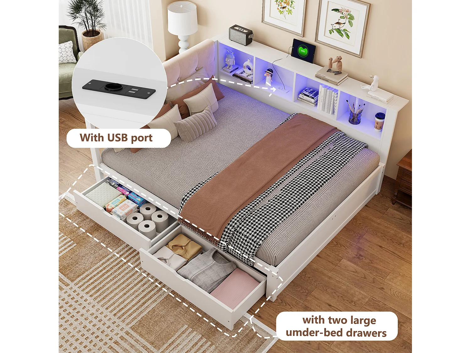140 x 200 cm bed with 2 drawers, 4 compartments, USB and LED - Solid pine and MDF - White (Mattress not included)