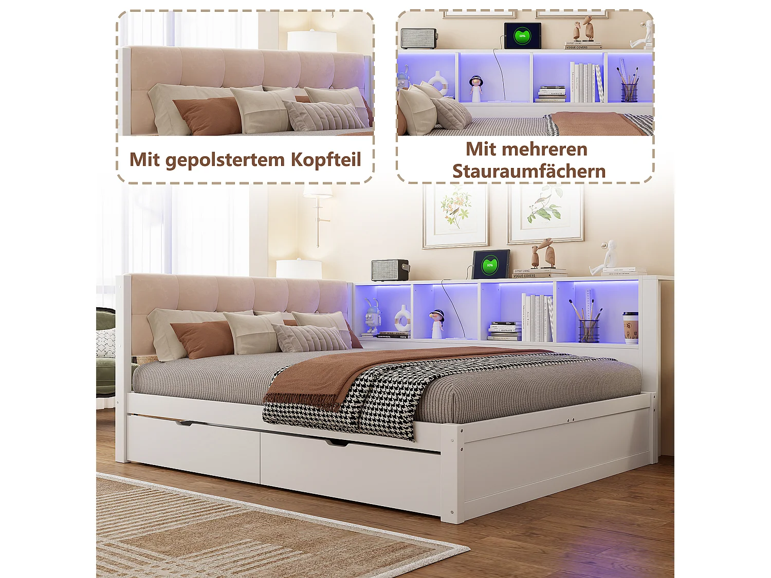 140 x 200 cm bed with 2 drawers, 4 compartments, USB and LED - Solid pine and MDF - White (Mattress not included)