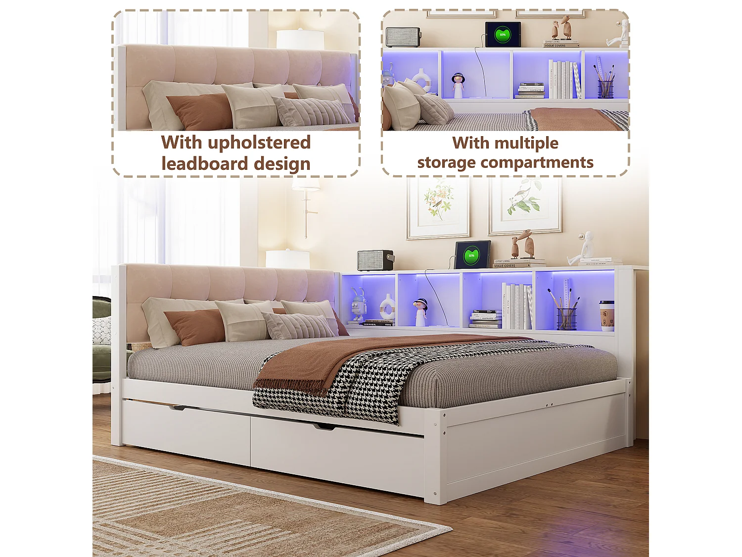 140 x 200 cm bed with 2 drawers, 4 compartments, USB and LED - Solid pine and MDF - White (Mattress not included)