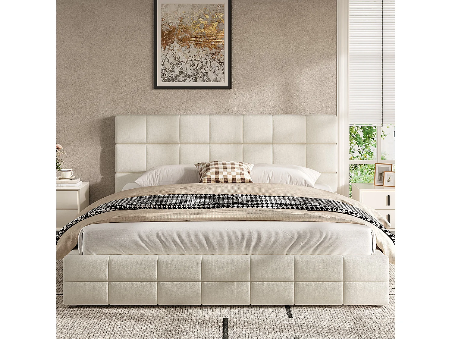 Cama tapizada de 180 x 200 cm con cabecero acolchado - MDF, madera contrachapada y terciopelo - Beige (colchón no incluido)