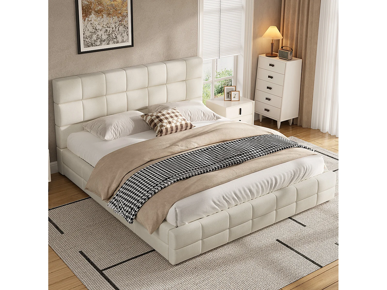 Cama tapizada de 180 x 200 cm con cabecero acolchado - MDF, madera contrachapada y terciopelo - Beige (colchón no incluido)