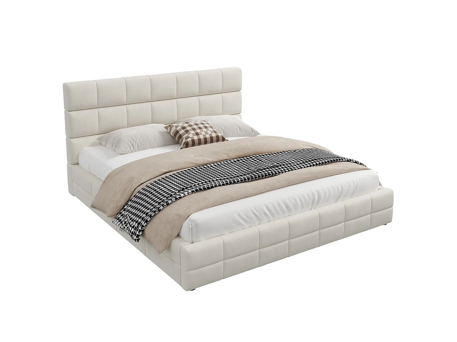 Cama tapizada de 180 x 200 cm con cabecero acolchado - MDF, madera contrachapada y terciopelo - Beige (colchón no incluido)
