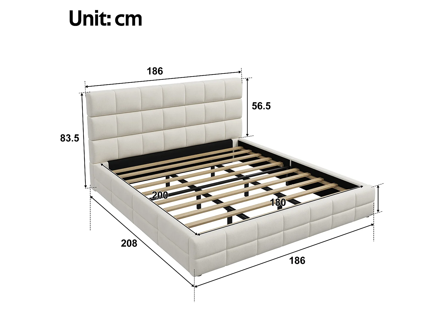 Cama tapizada de 180 x 200 cm con cabecero acolchado - MDF, madera contrachapada y terciopelo - Beige (colchón no incluido)