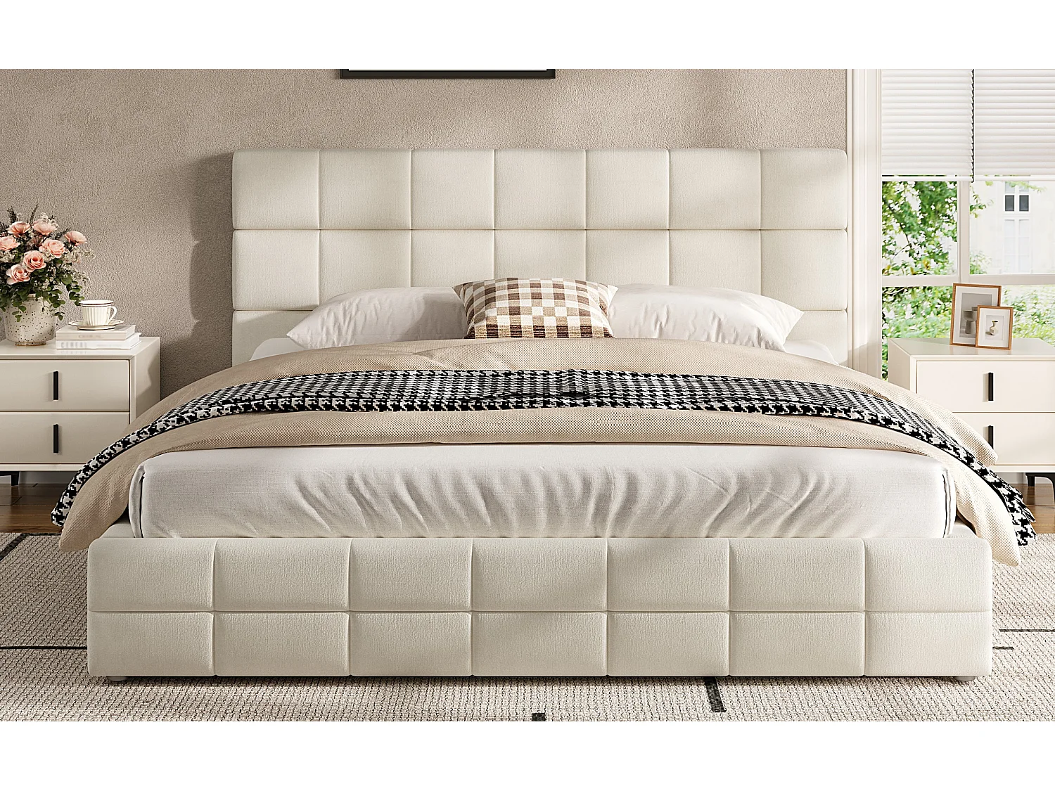 Cama tapizada de 180 x 200 cm con cabecero acolchado - MDF, madera contrachapada y terciopelo - Beige (colchón no incluido)