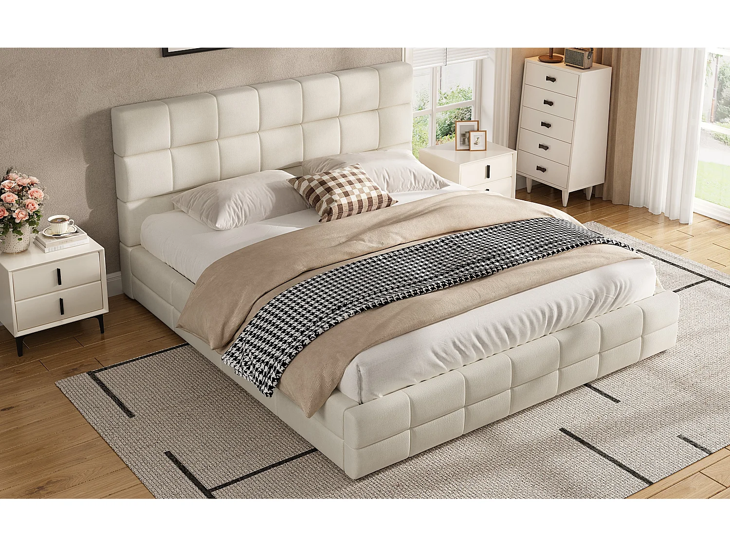 Cama tapizada de 180 x 200 cm con cabecero acolchado - MDF, madera contrachapada y terciopelo - Beige (colchón no incluido)