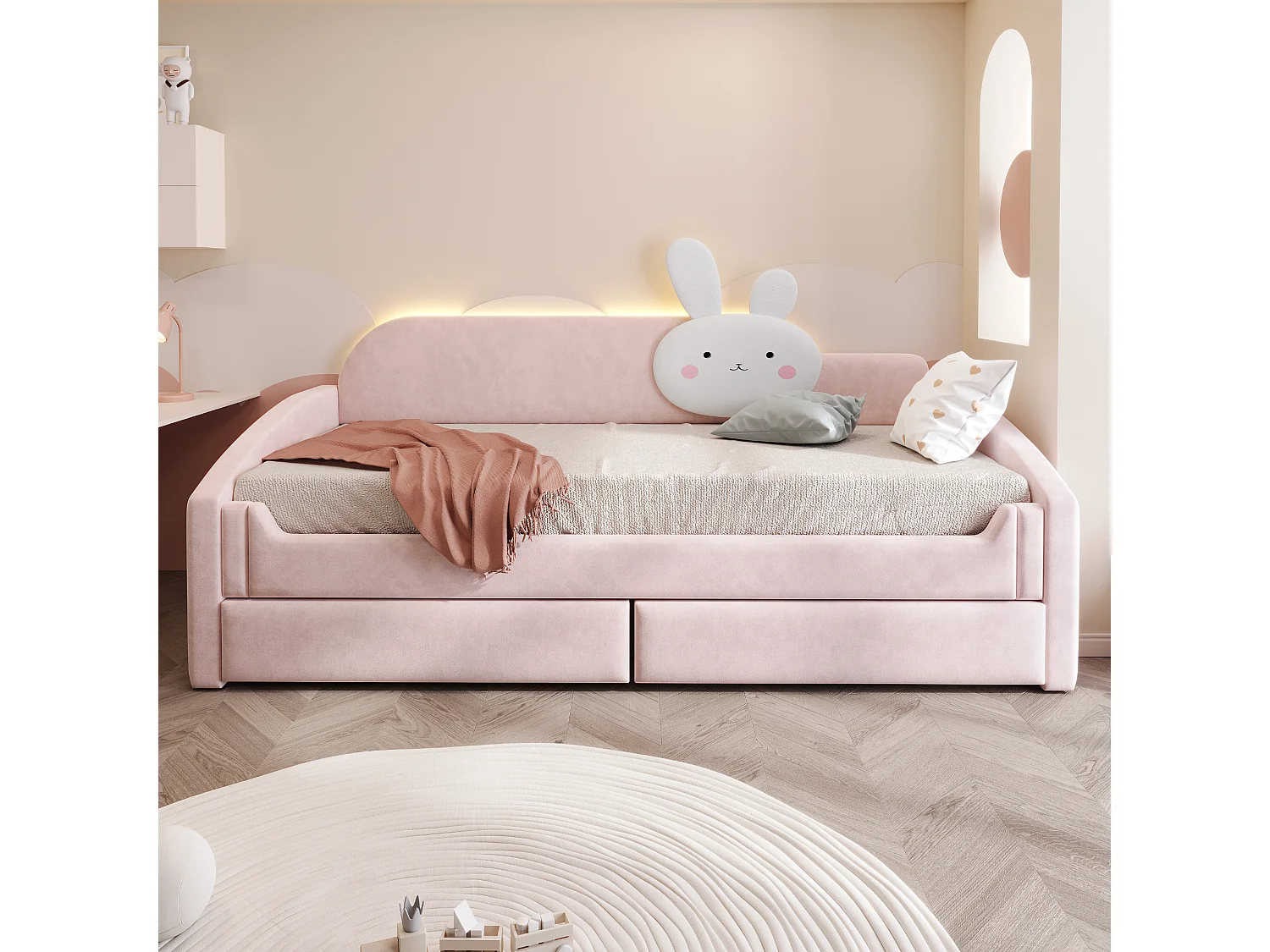 Lit capitonnté enfant 90 x 200 cm avec LED, coussin lapin et 2 tiroirs – Velours/Métal – Beige (Sans matelas)