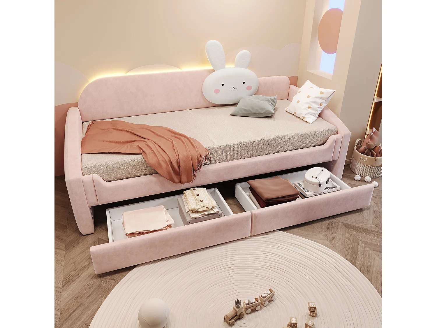 Lit capitonnté enfant 90 x 200 cm avec LED, coussin lapin et 2 tiroirs – Velours/Métal – Beige (Sans matelas)