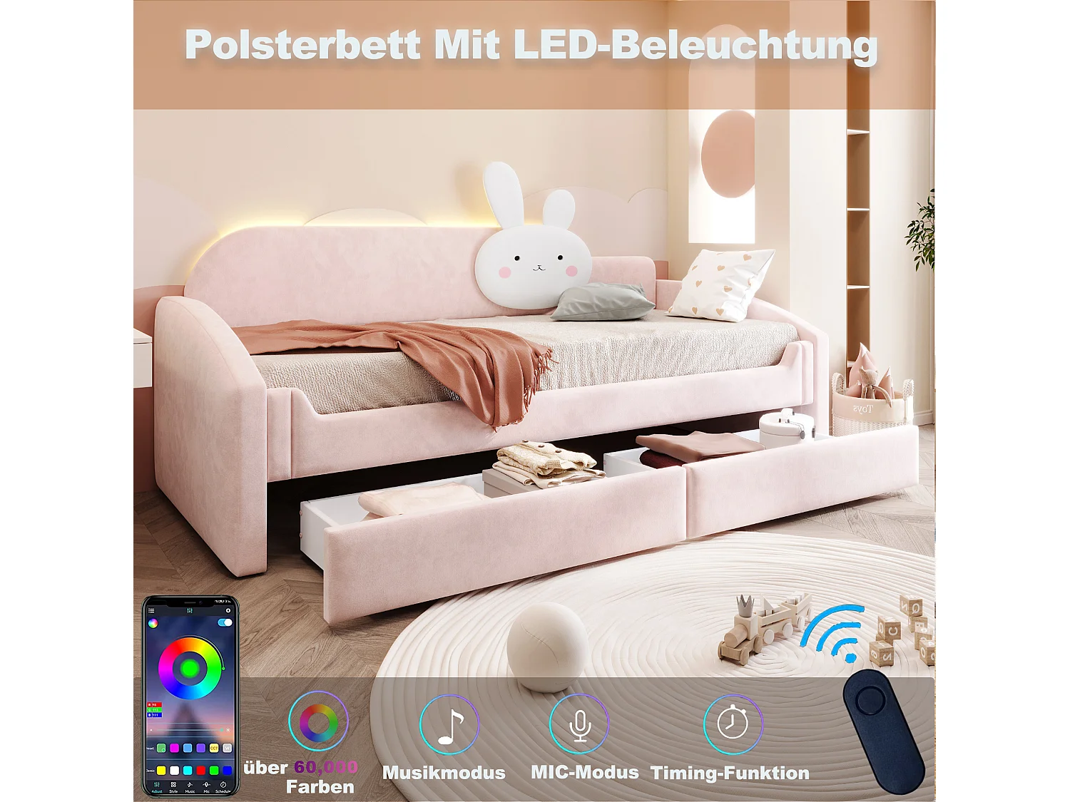 Lit capitonnté enfant 90 x 200 cm avec LED, coussin lapin et 2 tiroirs – Velours/Métal – Beige (Sans matelas)