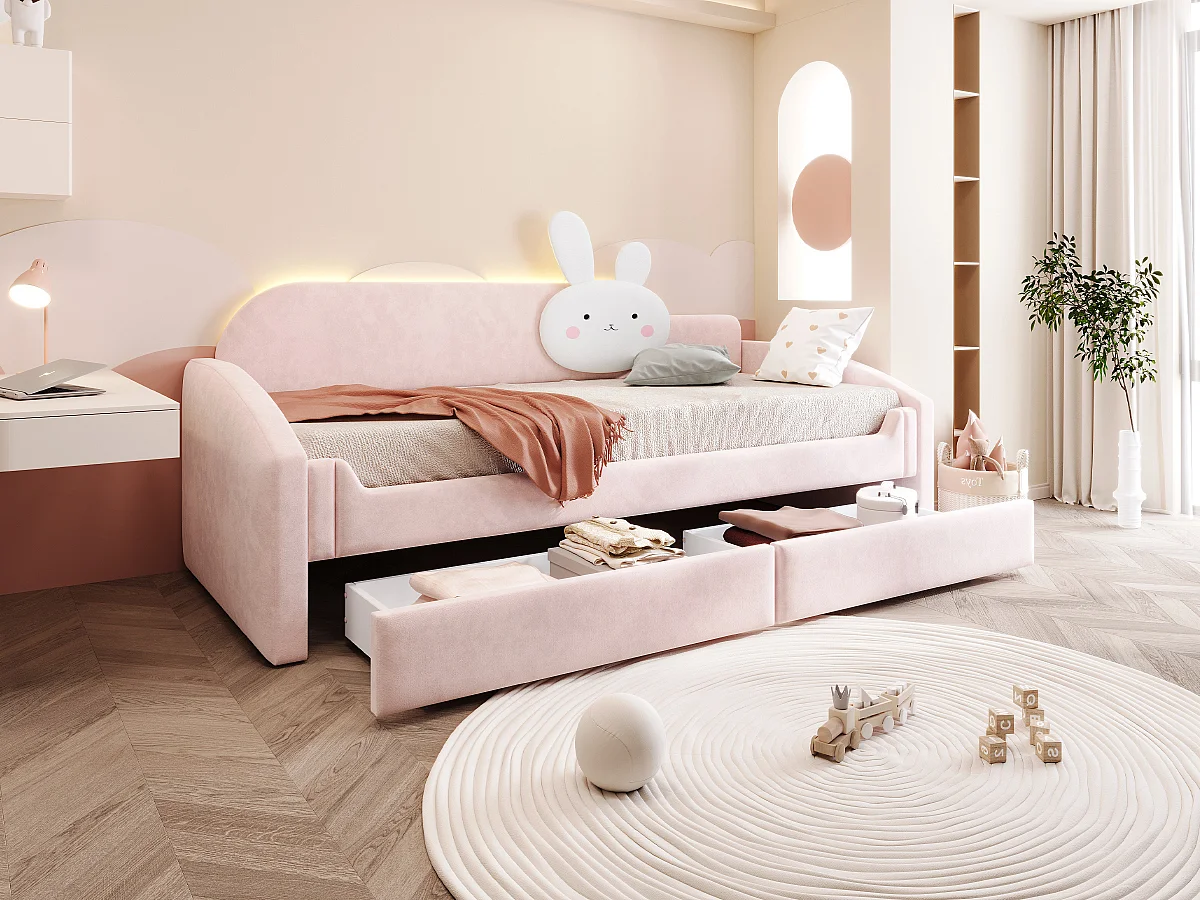 Lit capitonnté enfant 90 x 200 cm avec LED, coussin lapin et 2 tiroirs – Velours/Métal – Beige (Sans matelas)