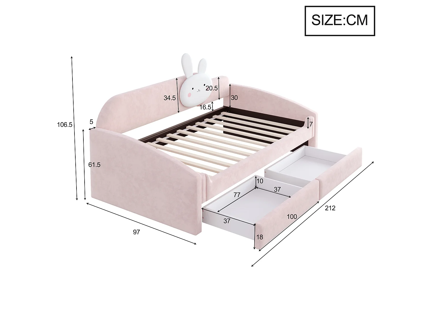 Lit capitonnté enfant 90 x 200 cm avec LED, coussin lapin et 2 tiroirs – Velours/Métal – Beige (Sans matelas)