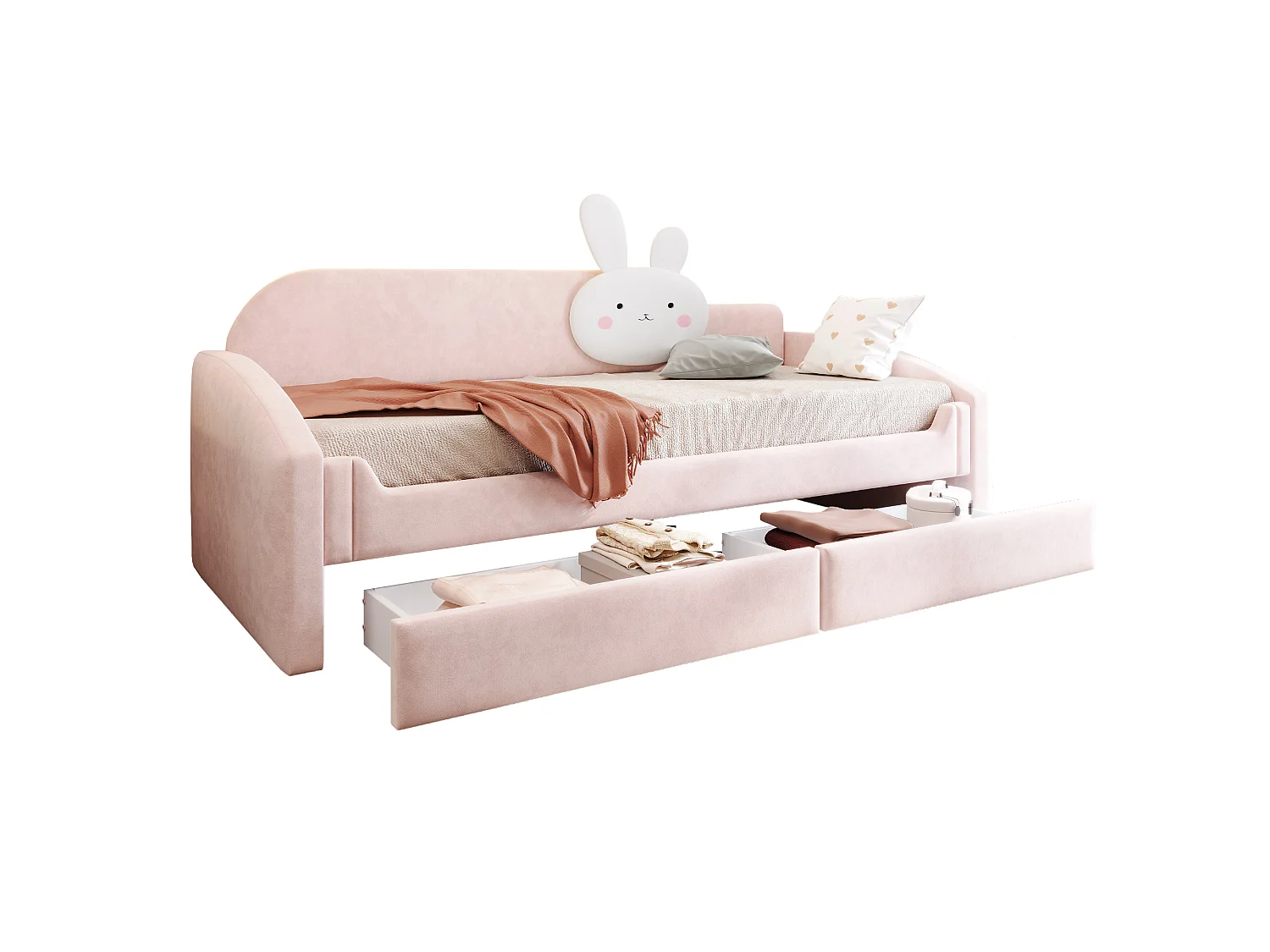 Lit capitonnté enfant 90 x 200 cm avec LED, coussin lapin et 2 tiroirs – Velours/Métal – Beige (Sans matelas)