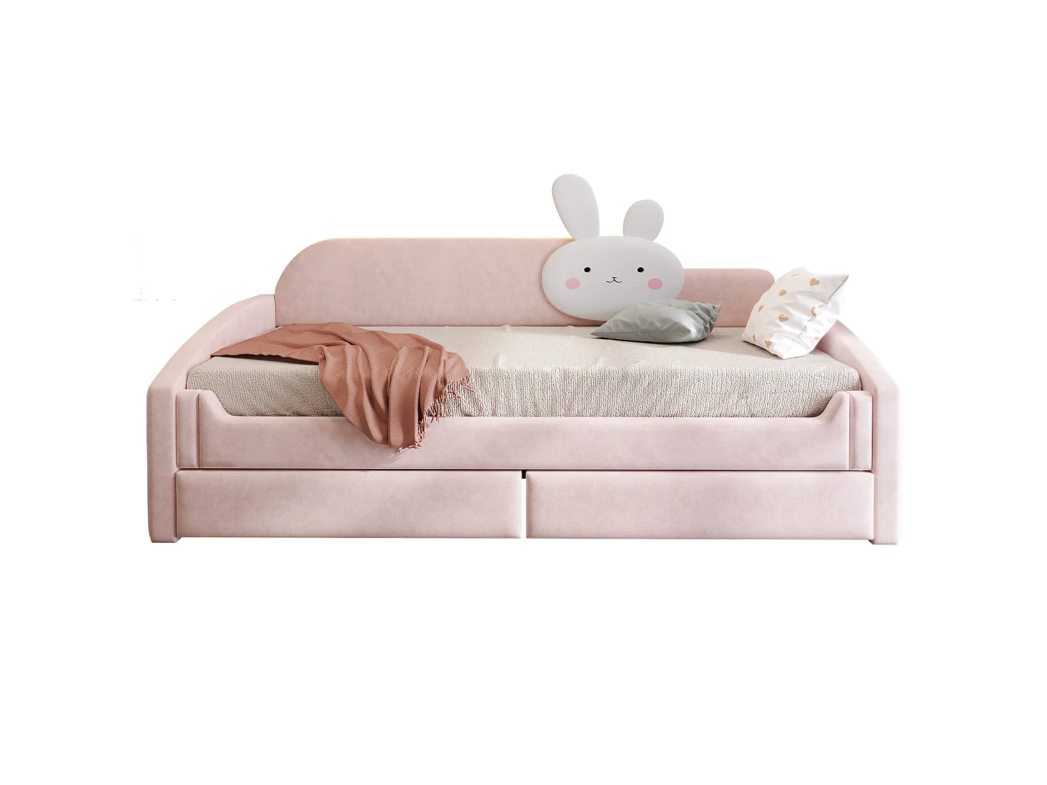 Lit capitonnté enfant 90 x 200 cm avec LED, coussin lapin et 2 tiroirs – Velours/Métal – Beige (Sans matelas)