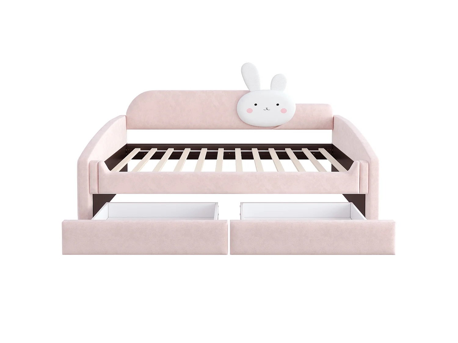 Lit capitonnté enfant 90 x 200 cm avec LED, coussin lapin et 2 tiroirs – Velours/Métal – Beige (Sans matelas)