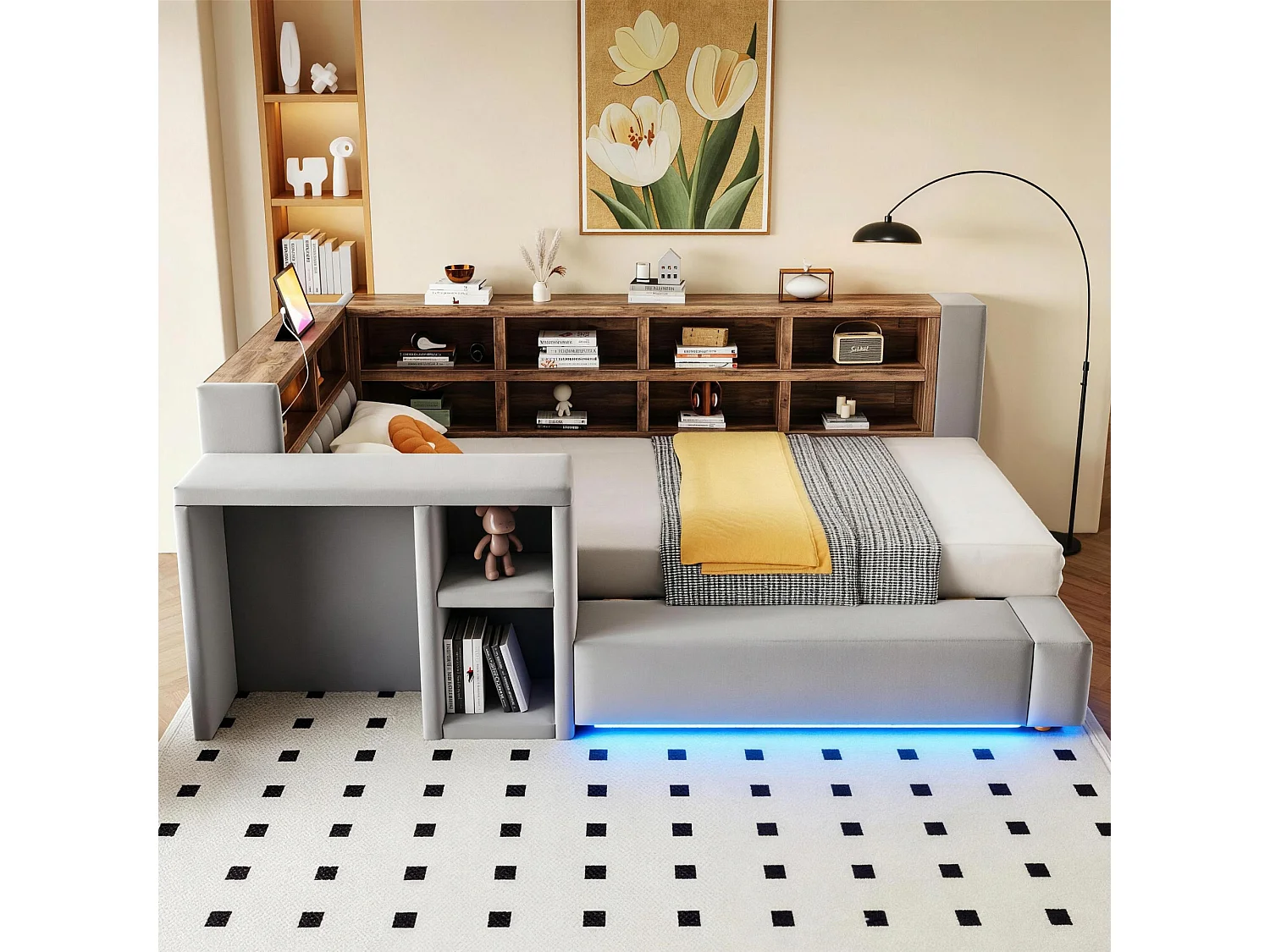 Upholstered bed 90 x 200 cm with headboard storage, compartments, LEDs and sockets - Velvet + MDF - Dark grey (Mattress not included)