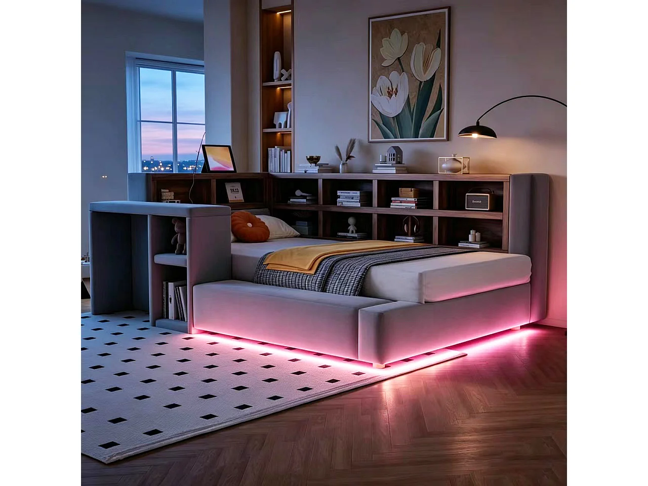 Upholstered bed 90 x 200 cm with headboard storage, compartments, LEDs and sockets - Velvet + MDF - Dark grey (Mattress not included)