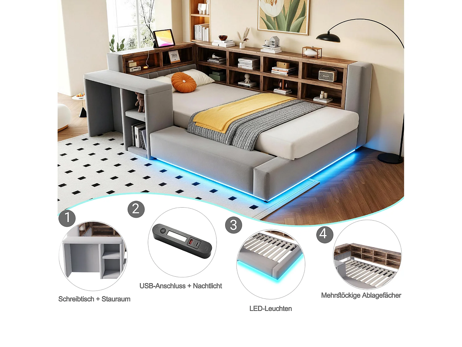 Upholstered bed 90 x 200 cm with headboard storage, compartments, LEDs and sockets - Velvet + MDF - Dark grey (Mattress not included)