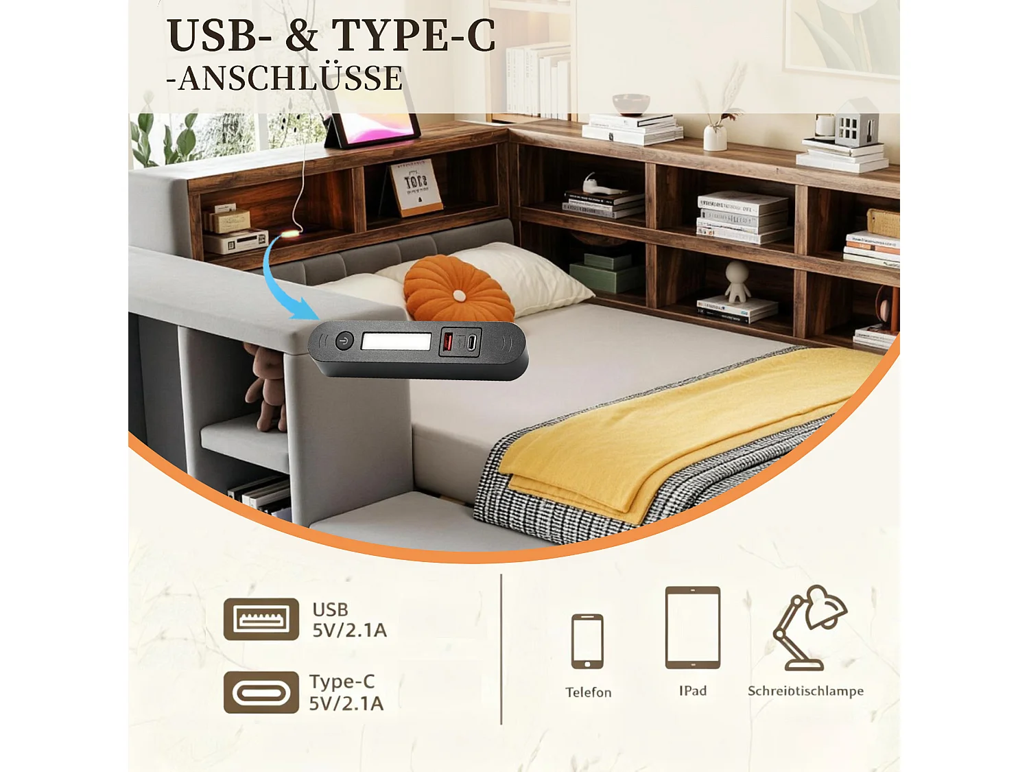 Upholstered bed 90 x 200 cm with headboard storage, compartments, LEDs and sockets - Velvet + MDF - Dark grey (Mattress not included)