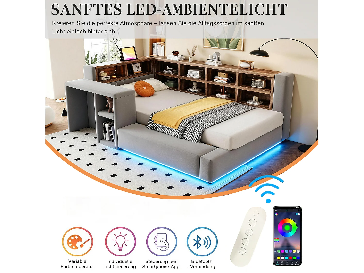 Upholstered bed 90 x 200 cm with headboard storage, compartments, LEDs and sockets - Velvet + MDF - Dark grey (Mattress not included)