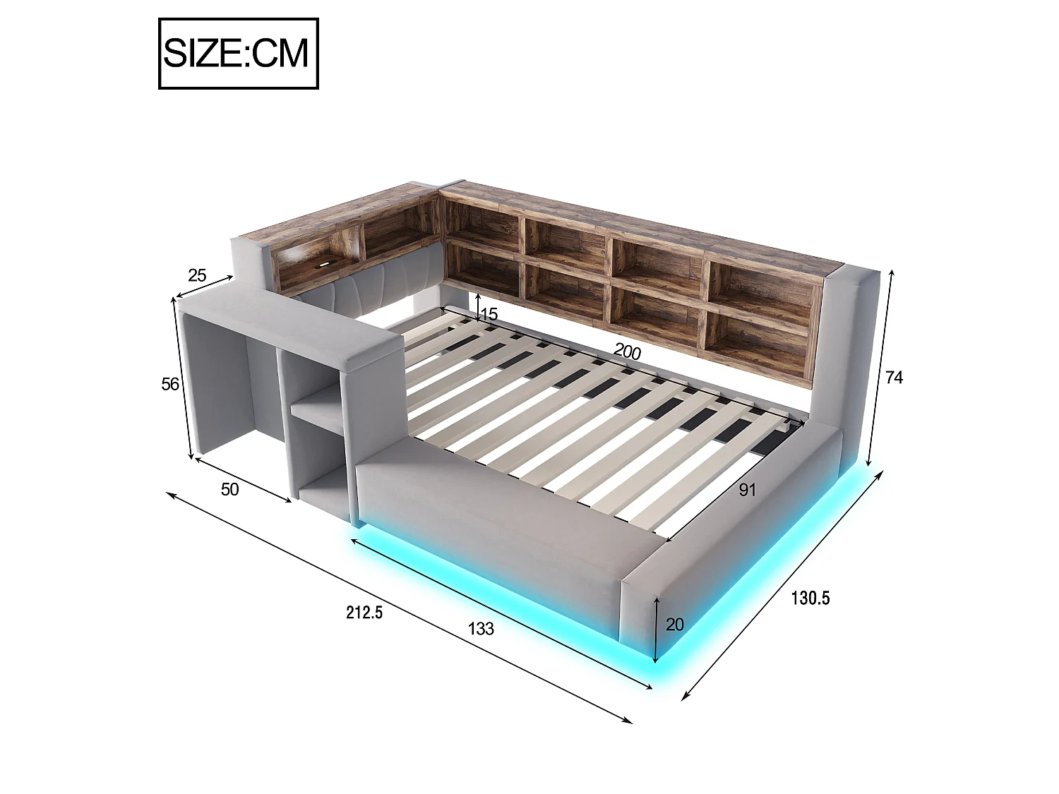 Upholstered bed 90 x 200 cm with headboard storage, compartments, LEDs and sockets - Velvet + MDF - Dark grey (Mattress not included)