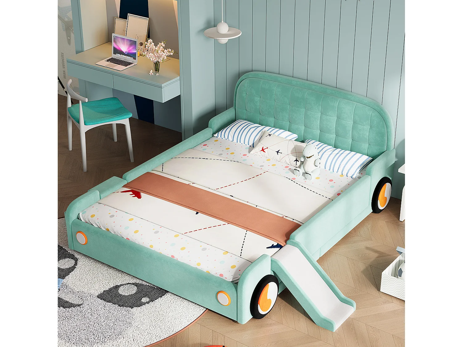 Lit enfant voiture 140 x 200 cm avec toboggan et escalier réversibles – Velours – Bleu canard (Sans matelas)