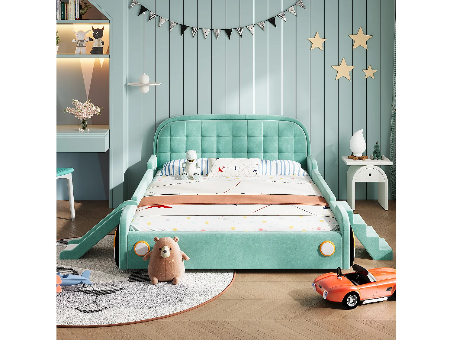 Lit enfant voiture 140 x 200 cm avec toboggan et escalier réversibles – Velours – Bleu canard (Sans matelas)