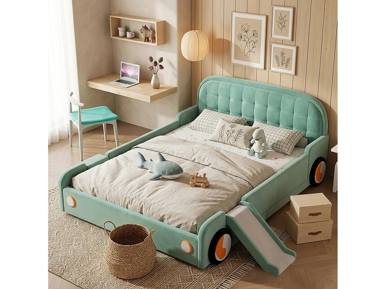 Lit enfant voiture 140 x 200 cm avec toboggan et escalier réversibles – Velours – Bleu canard (Sans matelas)
