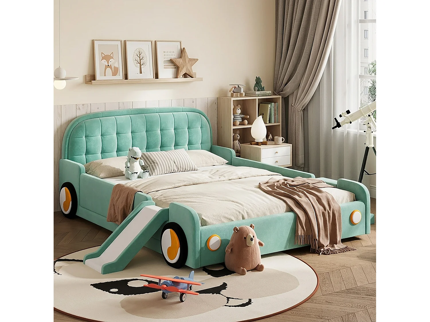 Lit enfant voiture 140 x 200 cm avec toboggan et escalier réversibles – Velours – Bleu canard (Sans matelas)