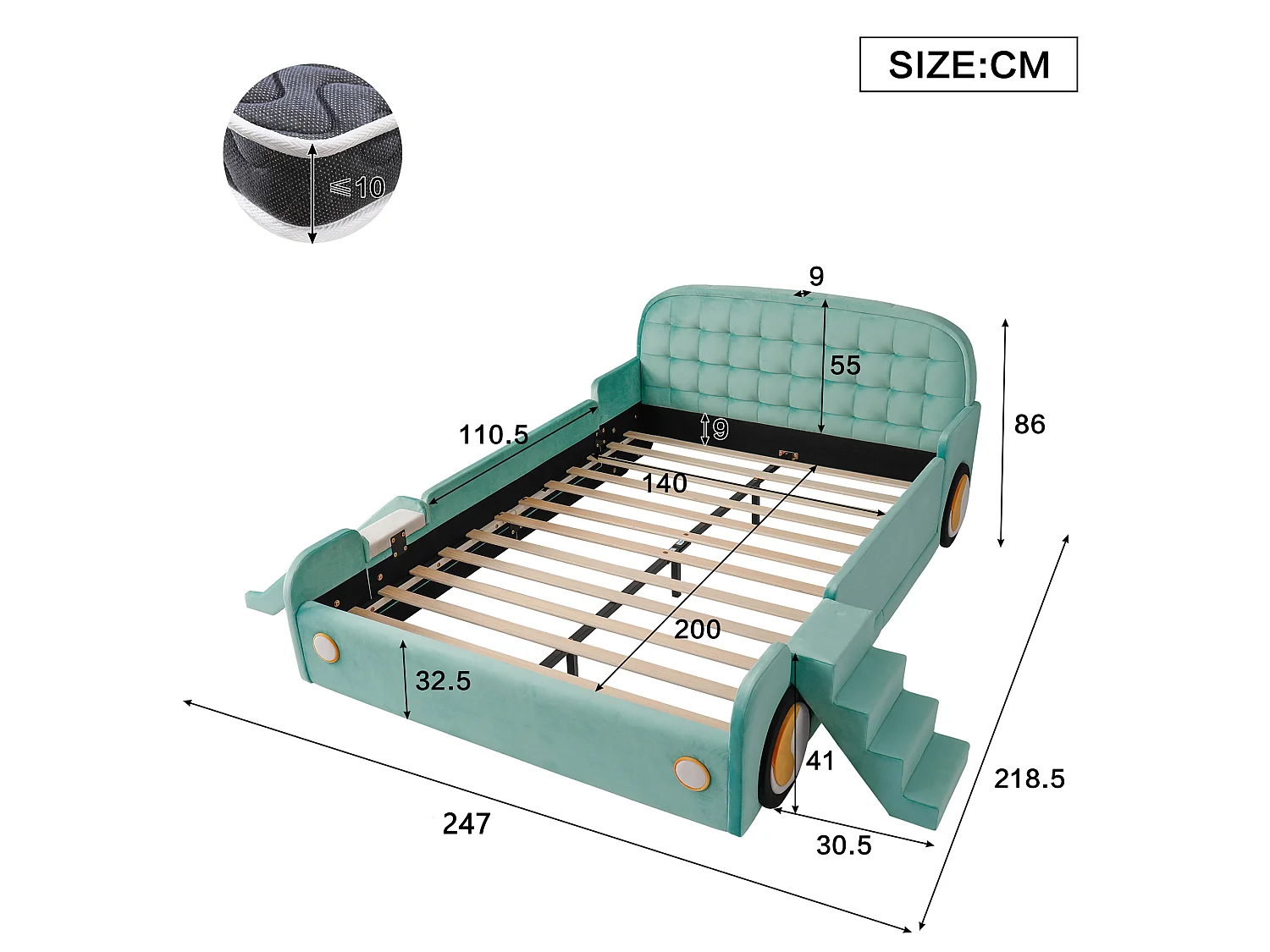 Lit enfant voiture 140 x 200 cm avec toboggan et escalier réversibles – Velours – Bleu canard (Sans matelas)