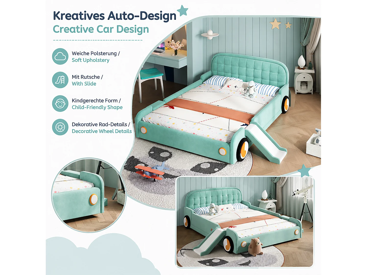Lit enfant voiture 140 x 200 cm avec toboggan et escalier réversibles – Velours – Bleu canard (Sans matelas)