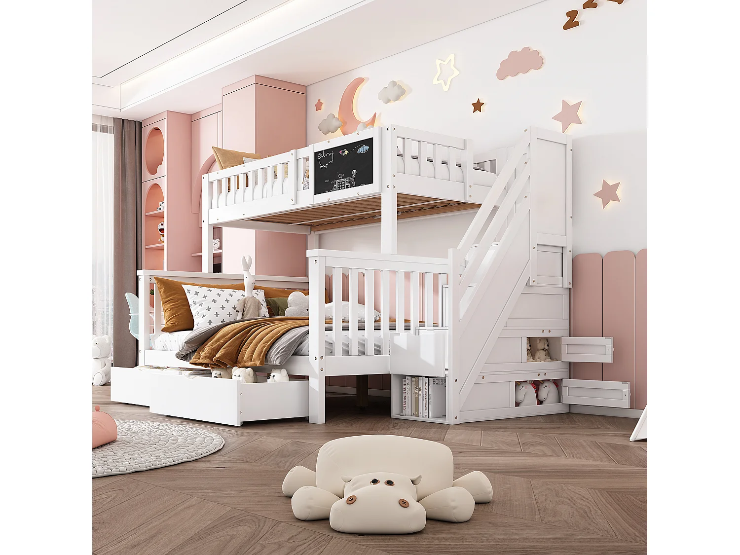Etagenbett 90 x 200 / 140 x 200 cm mit Aufbewahrungsleiter, Tafel, 2 Schubladen und Schränken – Massivholz und MDF – Weiß (Matratze nicht enthalten)