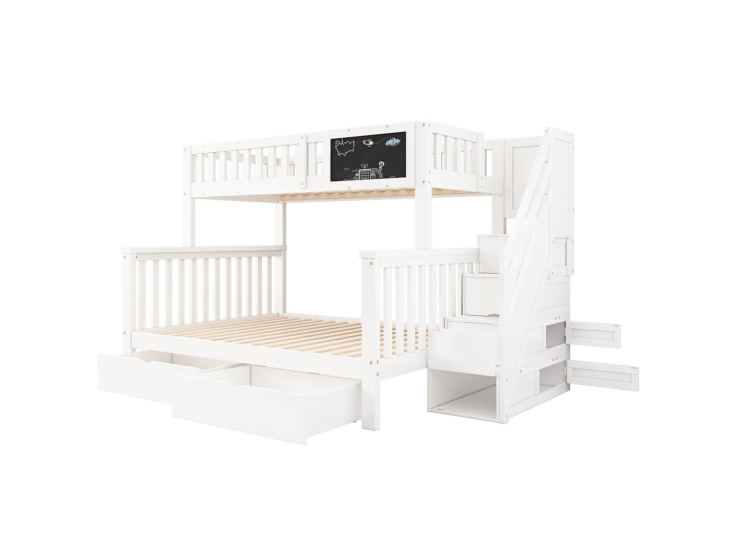 Etagenbett 90 x 200 / 140 x 200 cm mit Aufbewahrungsleiter, Tafel, 2 Schubladen und Schränken – Massivholz und MDF – Weiß (Matratze nicht enthalten)