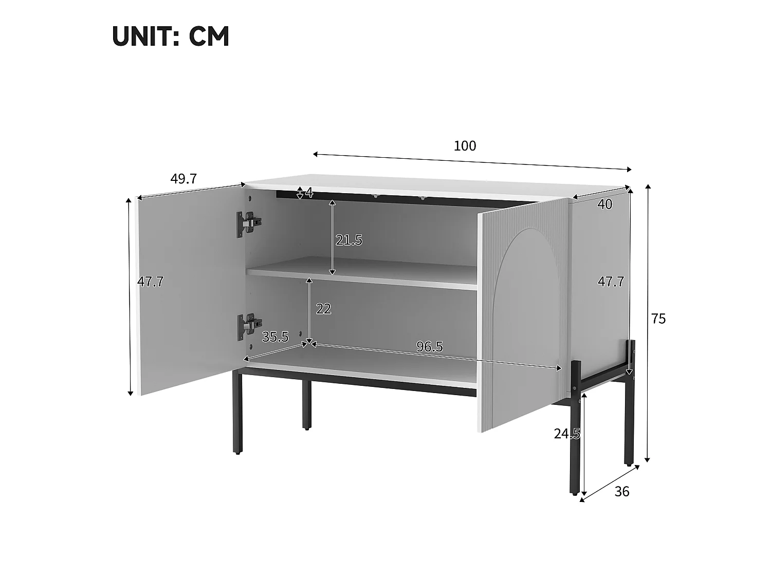 2-door sideboard with metal legs and grooved design - Particleboard - 100 × 40 × 75 cm - White