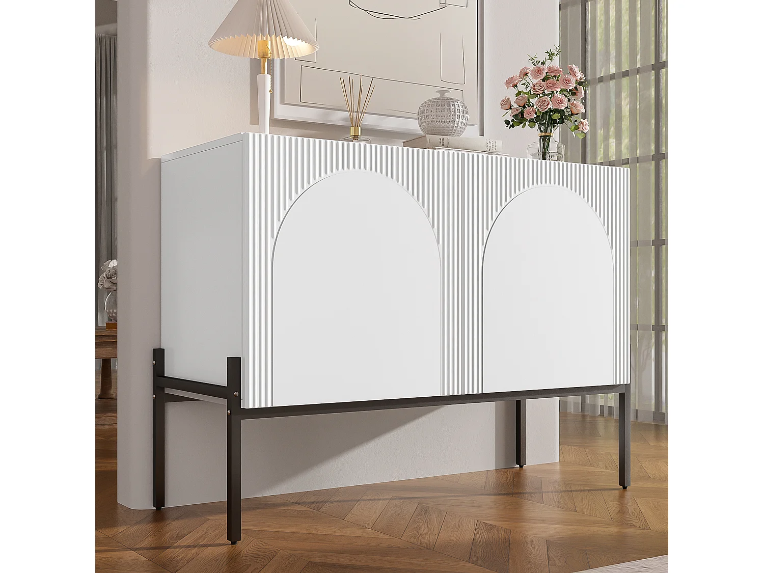 2-door sideboard with metal legs and grooved design - Particleboard - 100 × 40 × 75 cm - White