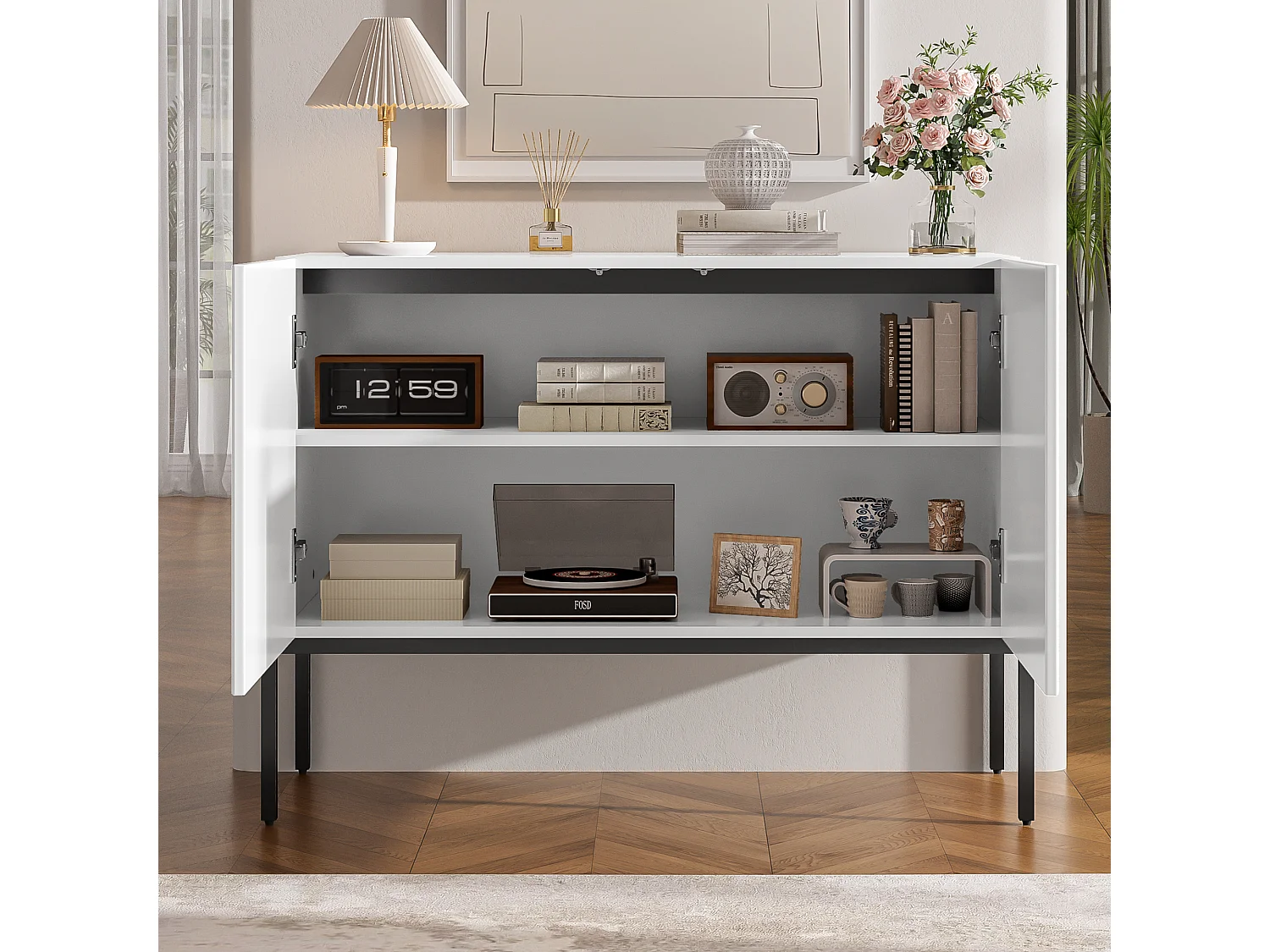 2-door sideboard with metal legs and grooved design - Particleboard - 100 × 40 × 75 cm - White
