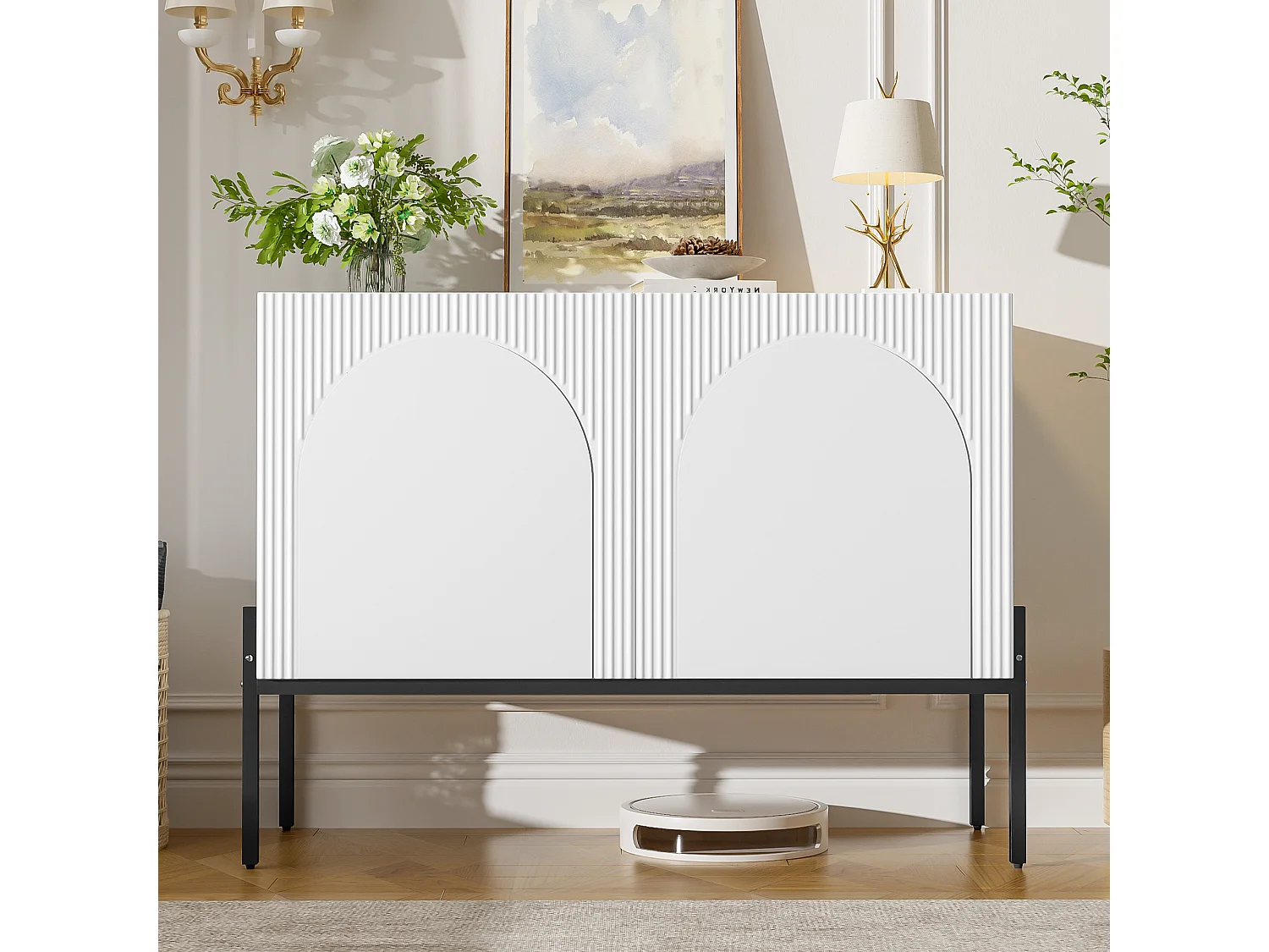 2-door sideboard with metal legs and grooved design - Particleboard - 100 × 40 × 75 cm - White