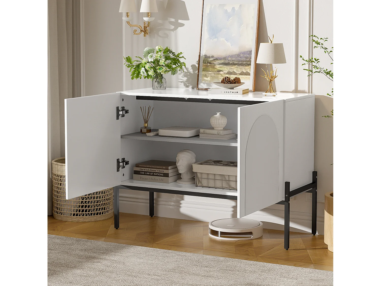 2-door sideboard with metal legs and grooved design - Particleboard - 100 × 40 × 75 cm - White