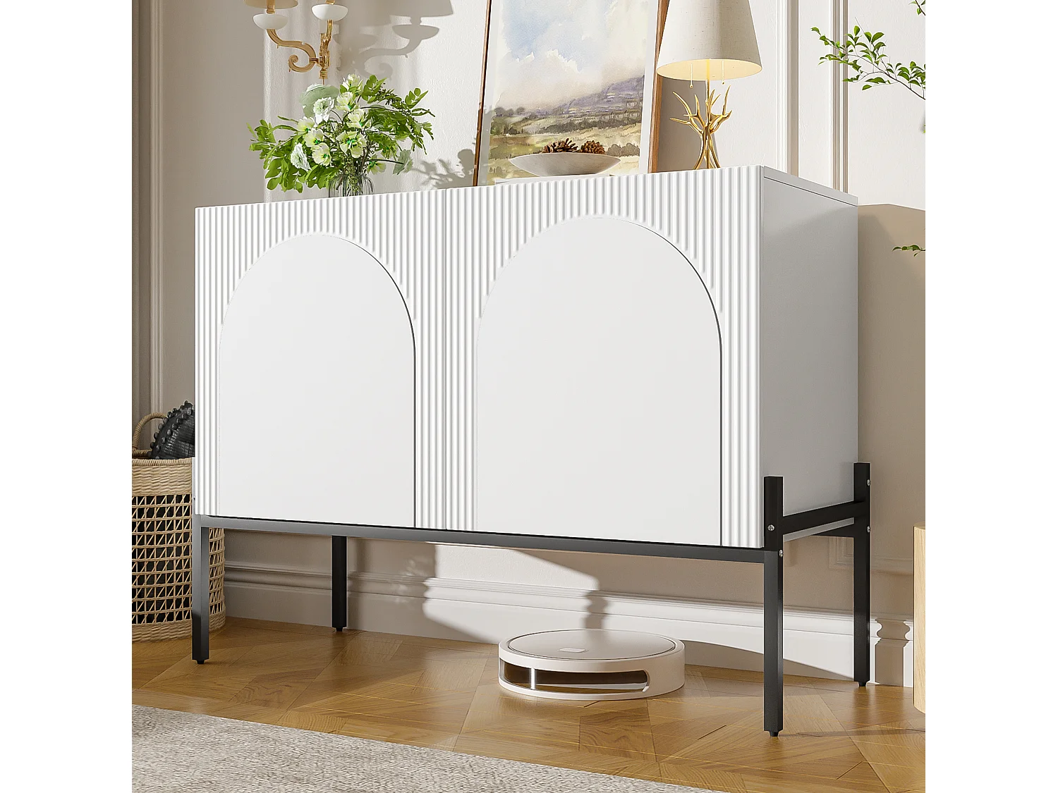 2-door sideboard with metal legs and grooved design - Particleboard - 100 × 40 × 75 cm - White