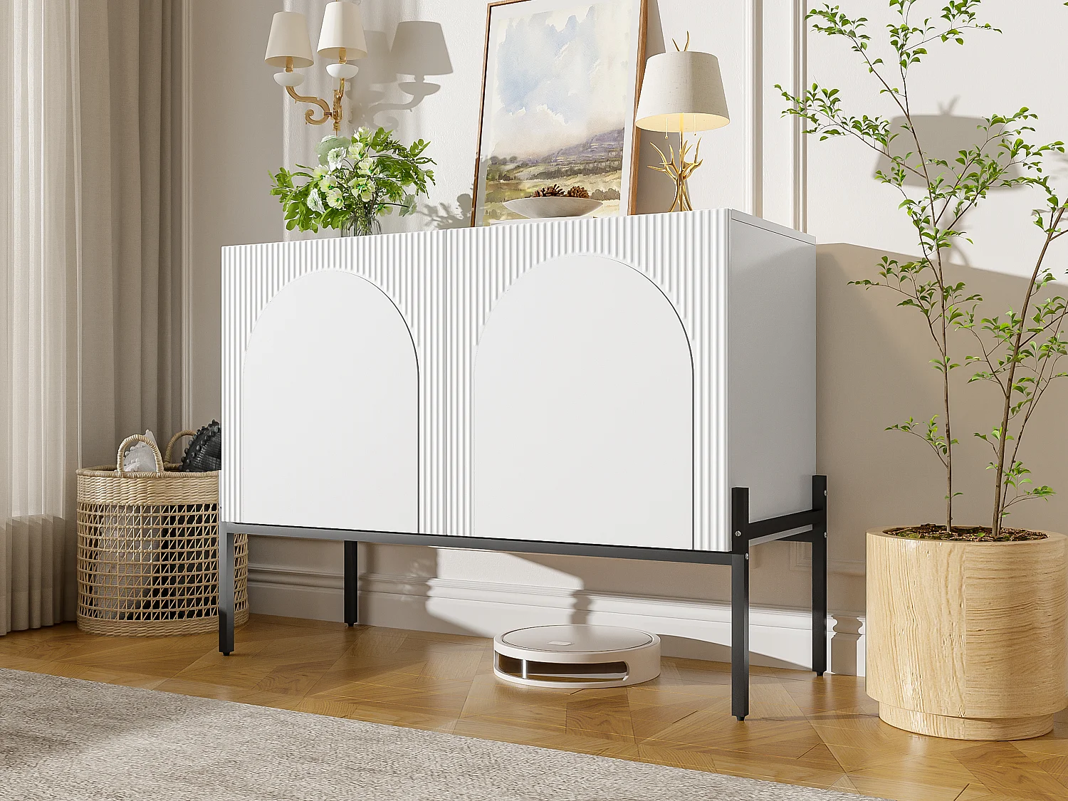 2-door sideboard with metal legs and grooved design - Particleboard - 100 × 40 × 75 cm - White