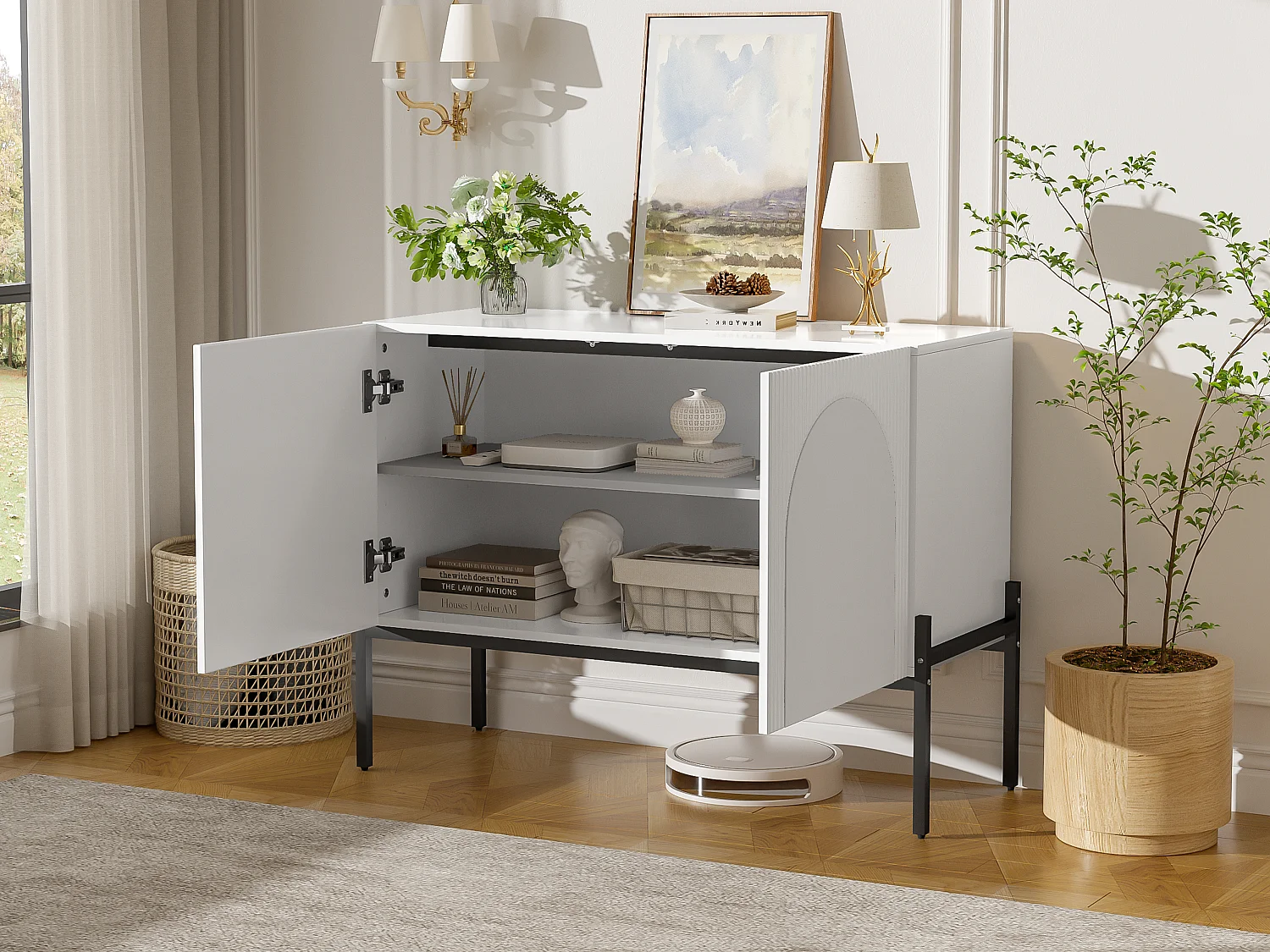 2-door sideboard with metal legs and grooved design - Particleboard - 100 × 40 × 75 cm - White