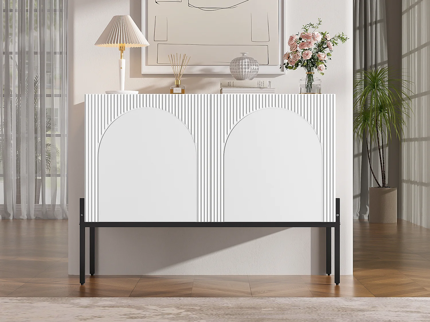 2-door sideboard with metal legs and grooved design - Particleboard - 100 × 40 × 75 cm - White