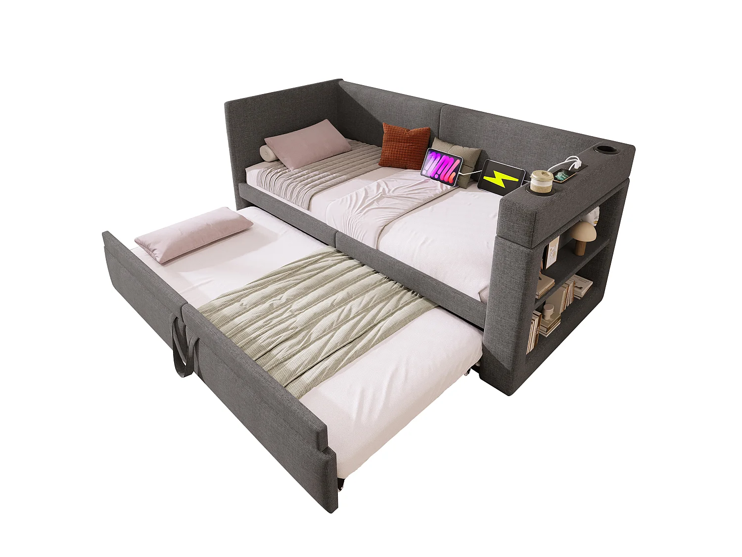 Letto estraibile 90/180 x 200 cm con 3 porte USB, USB-C, portabicchieri e ripiani portaoggetti - Cotone-lino - Grigio (Materasso non incluso)