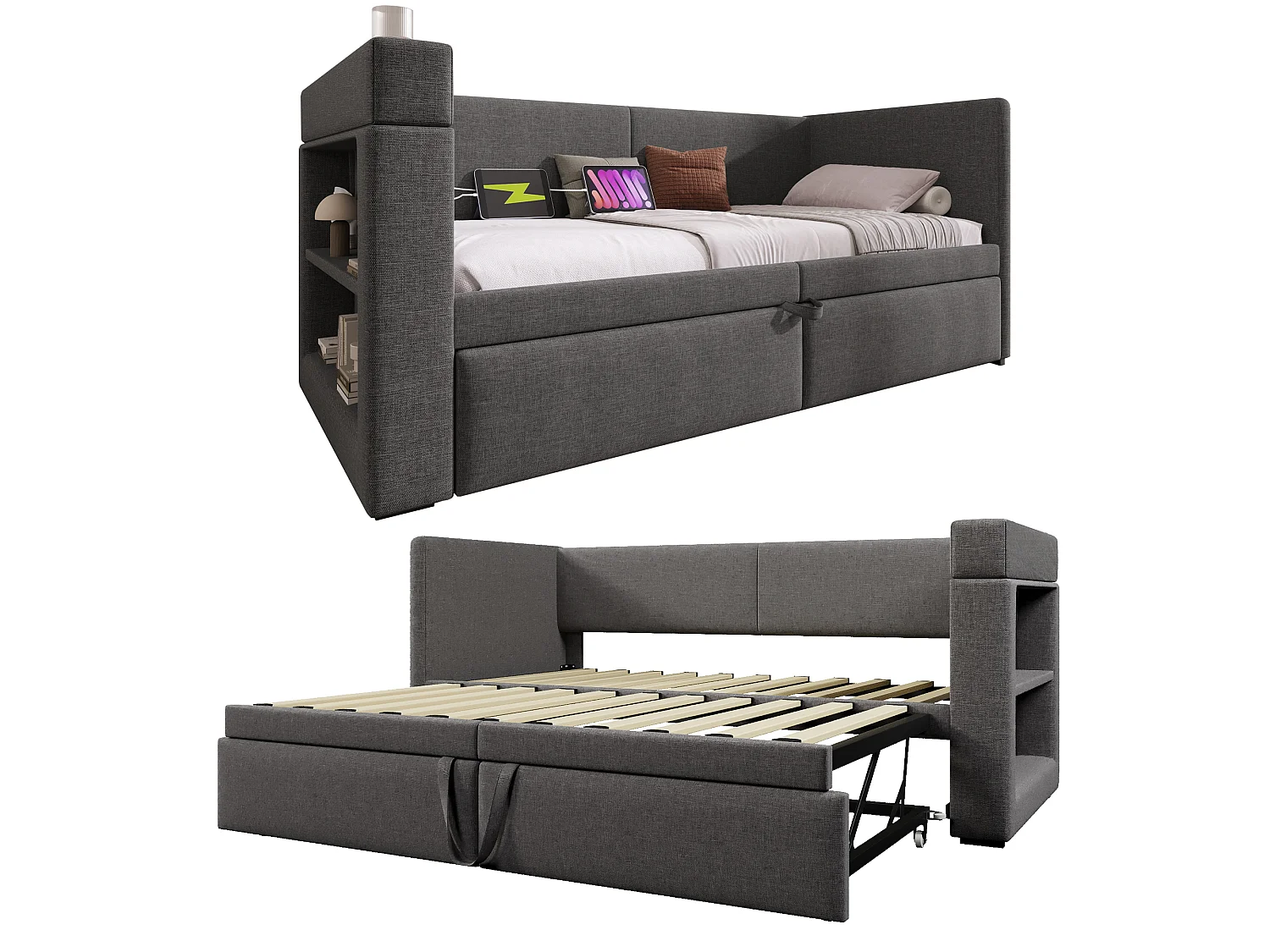 Letto estraibile 90/180 x 200 cm con 3 porte USB, USB-C, portabicchieri e ripiani portaoggetti - Cotone-lino - Grigio (Materasso non incluso)