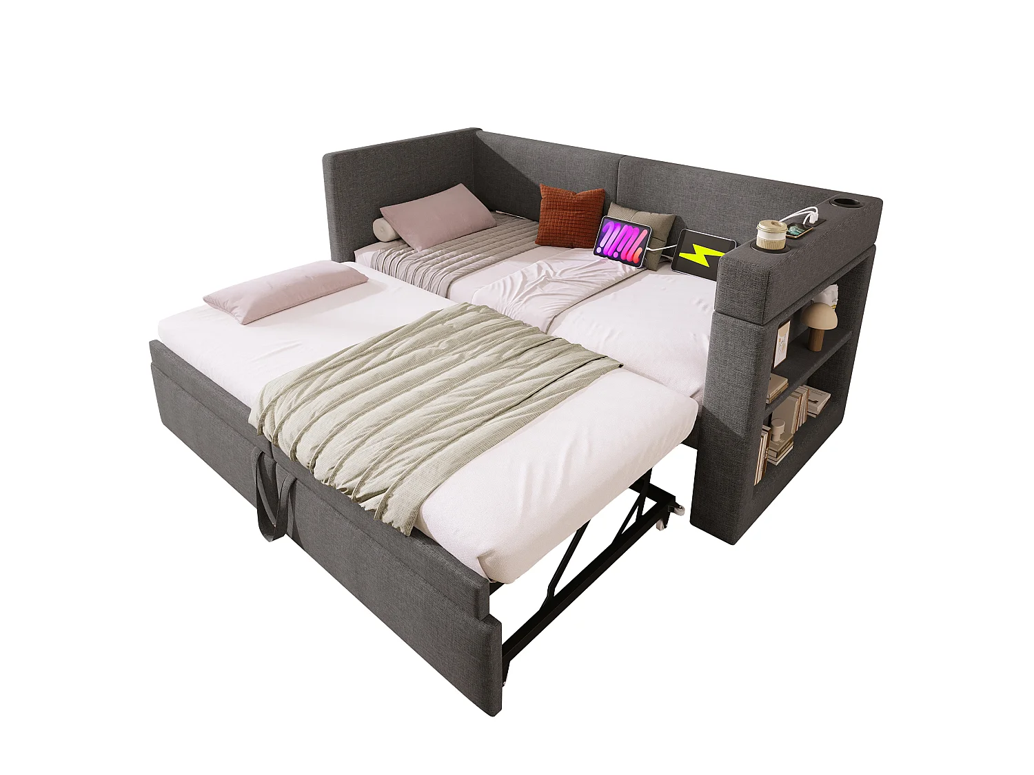 Letto estraibile 90/180 x 200 cm con 3 porte USB, USB-C, portabicchieri e ripiani portaoggetti - Cotone-lino - Grigio (Materasso non incluso)