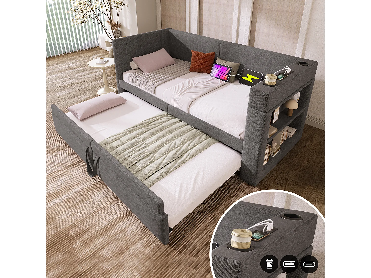 Letto estraibile 90/180 x 200 cm con 3 porte USB, USB-C, portabicchieri e ripiani portaoggetti - Cotone-lino - Grigio (Materasso non incluso)