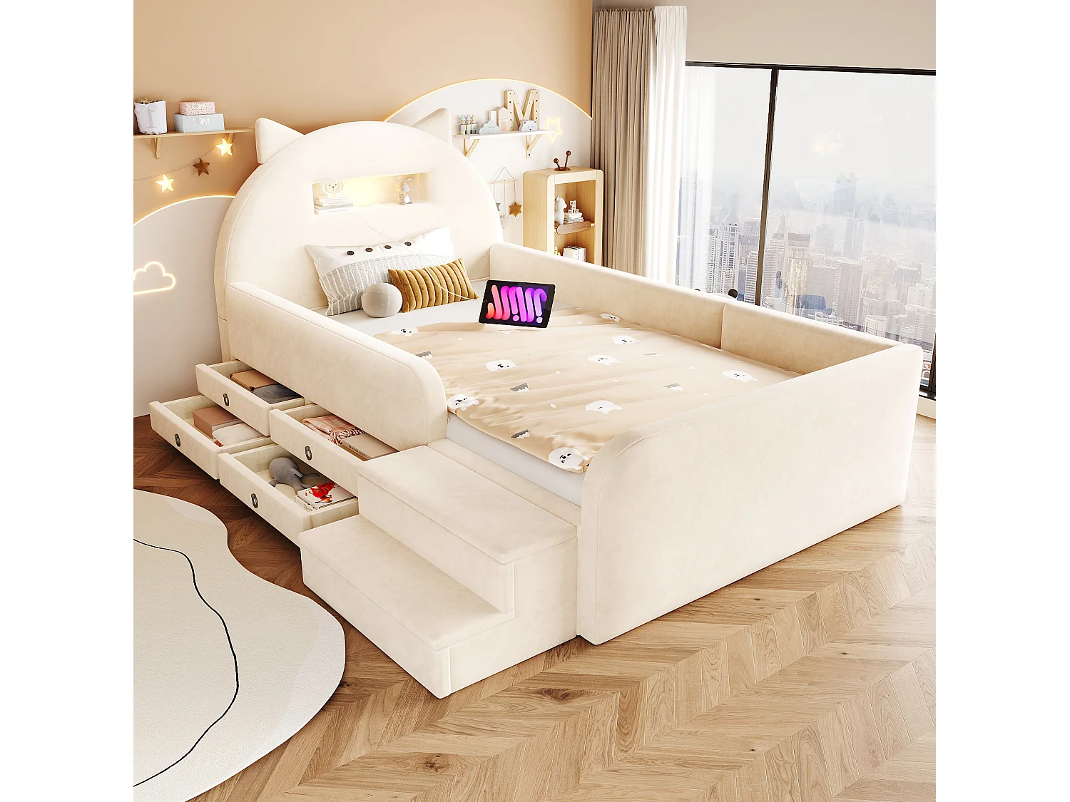 Upholstered bed 90 x 200 cm with headboard, 4 drawers, 2 steps, nightlight and USB port - Velvet + MDF - Beige (Mattress not included)