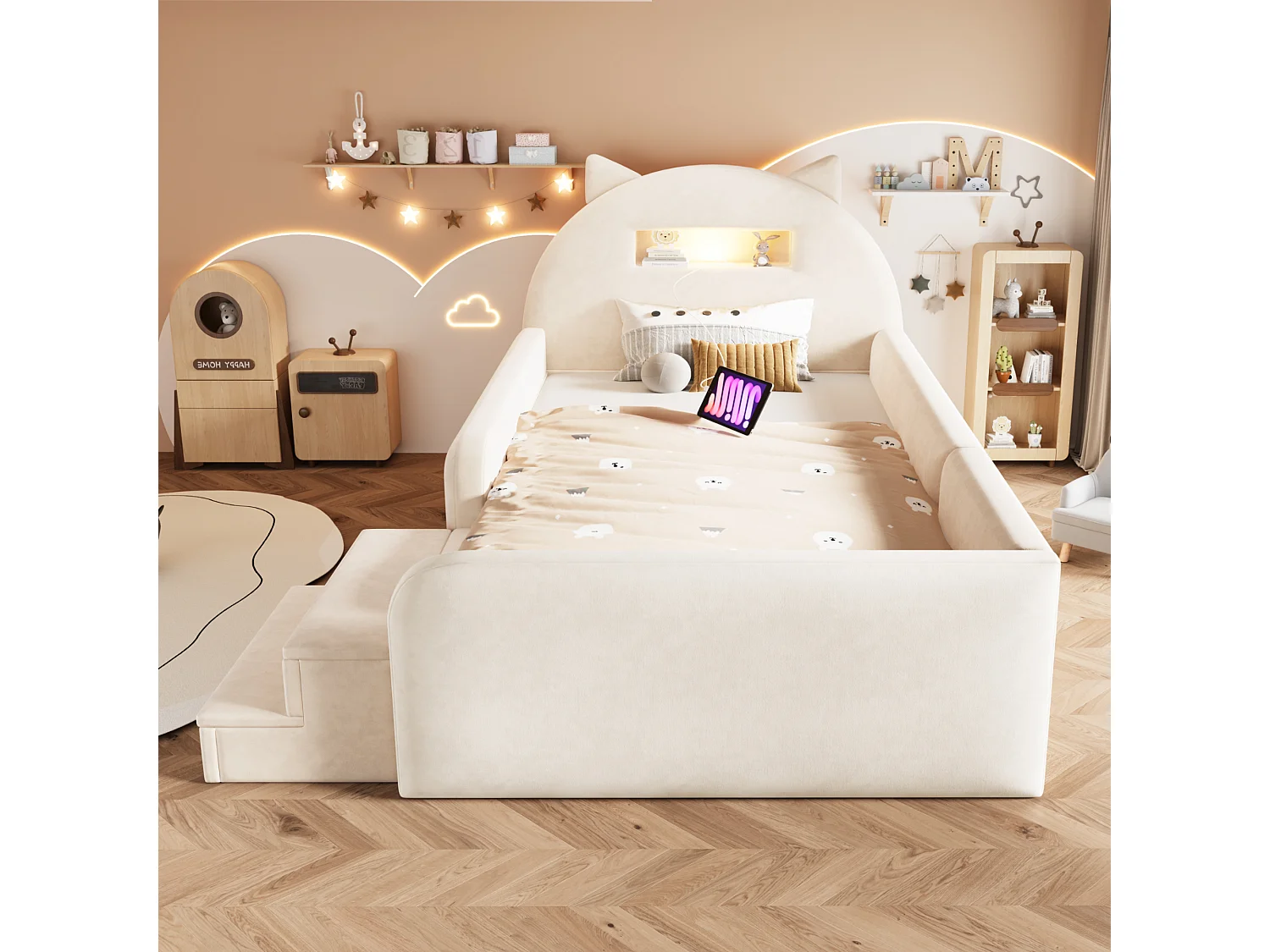 Upholstered bed 90 x 200 cm with headboard, 4 drawers, 2 steps, nightlight and USB port - Velvet + MDF - Beige (Mattress not included)