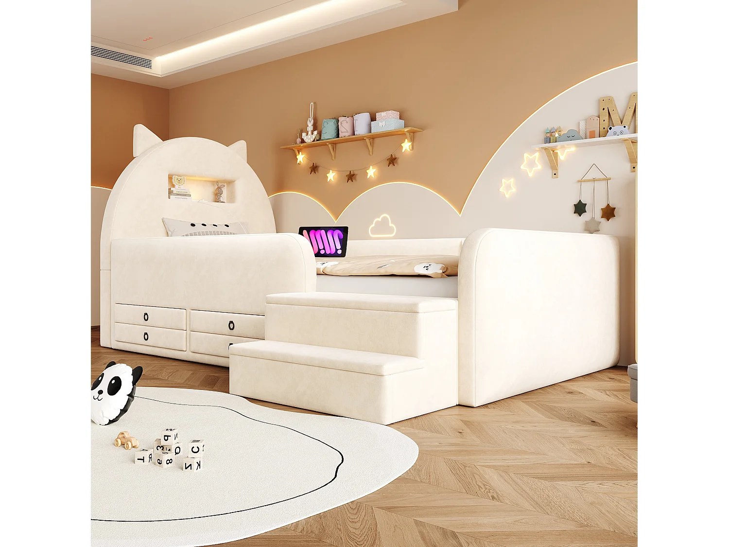Upholstered bed 90 x 200 cm with headboard, 4 drawers, 2 steps, nightlight and USB port - Velvet + MDF - Beige (Mattress not included)