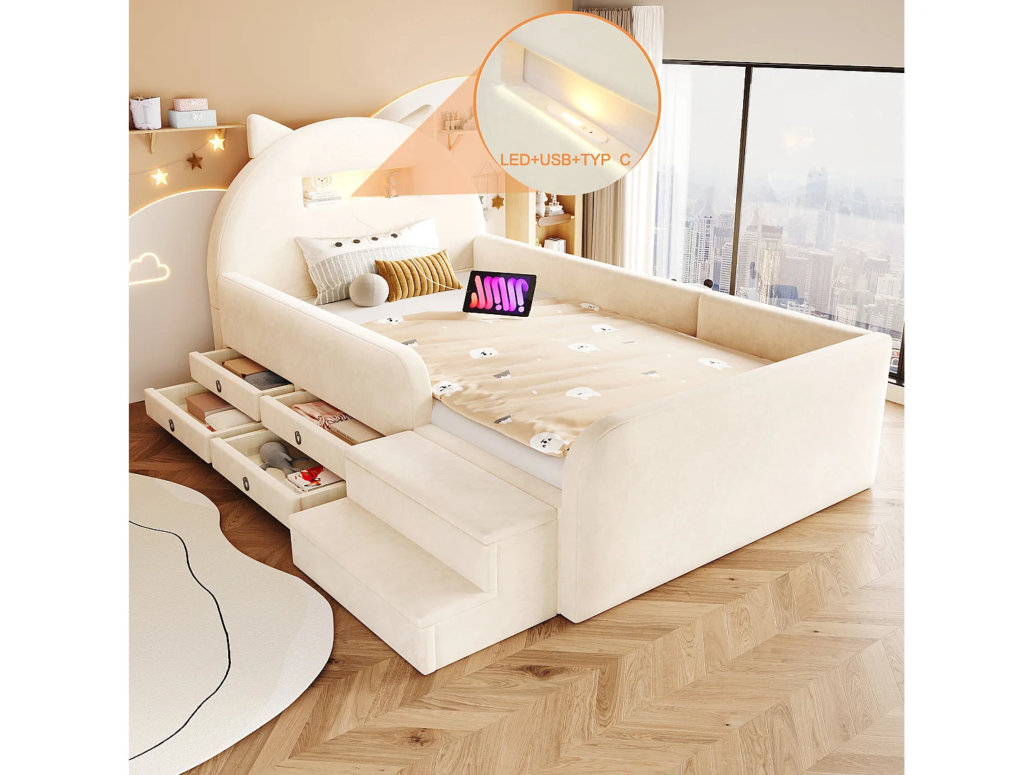 Upholstered bed 90 x 200 cm with headboard, 4 drawers, 2 steps, nightlight and USB port - Velvet + MDF - Beige (Mattress not included)