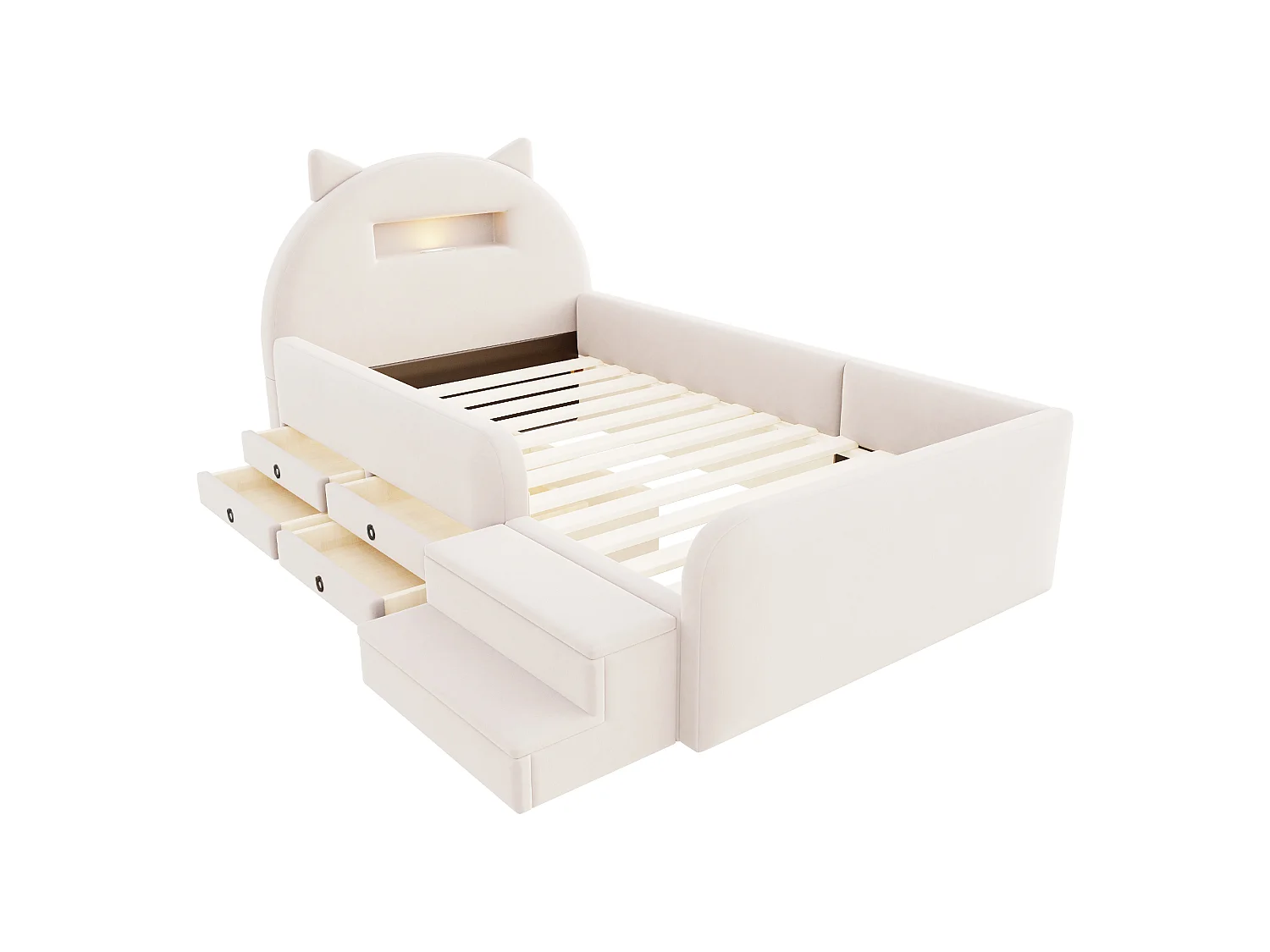 Upholstered bed 90 x 200 cm with headboard, 4 drawers, 2 steps, nightlight and USB port - Velvet + MDF - Beige (Mattress not included)