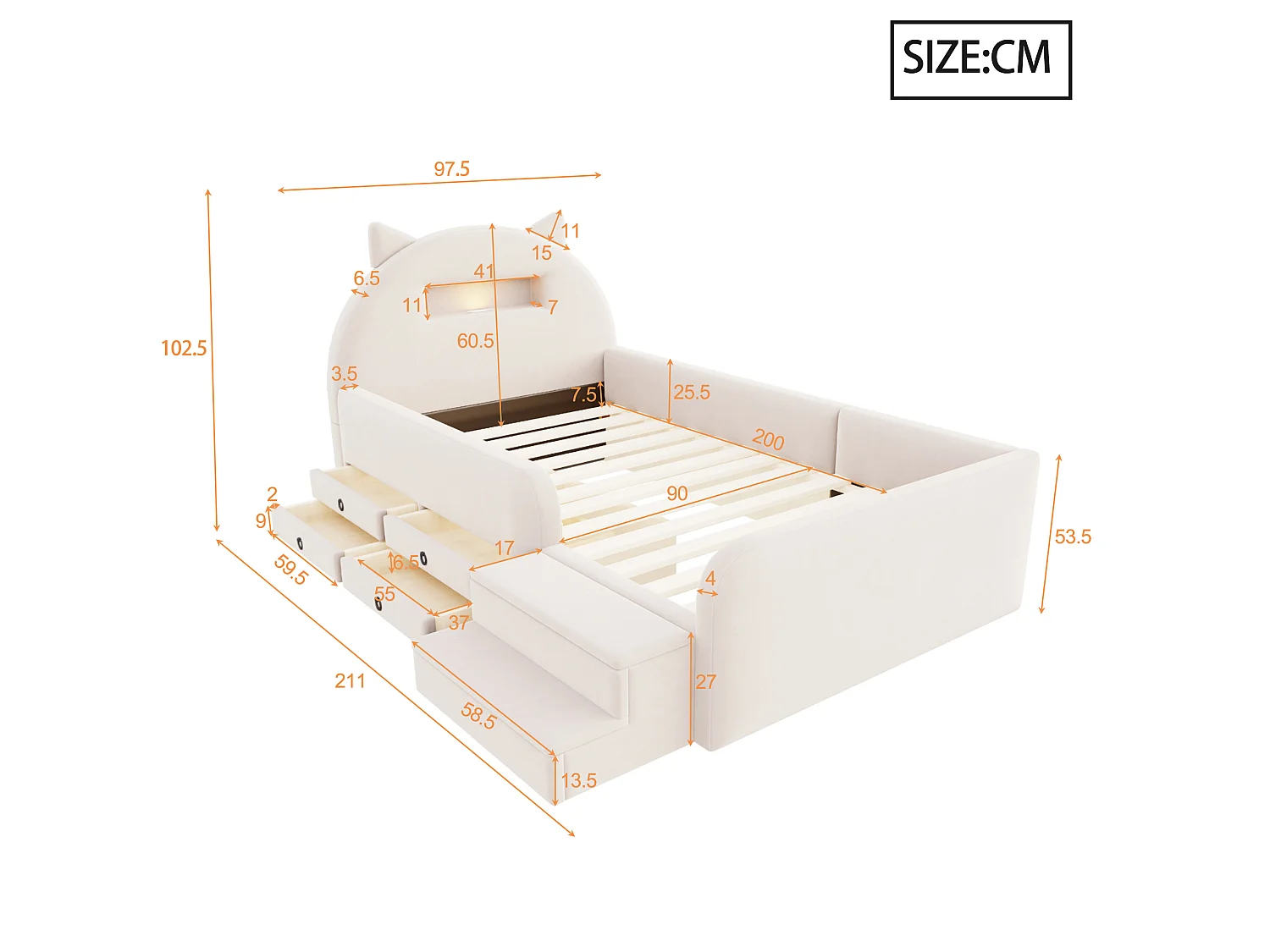Upholstered bed 90 x 200 cm with headboard, 4 drawers, 2 steps, nightlight and USB port - Velvet + MDF - Beige (Mattress not included)